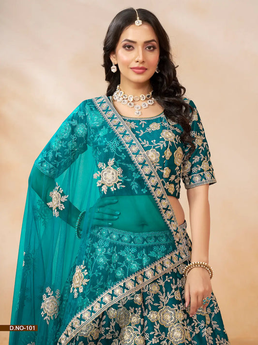 Teal Blue Art Silk Lehenga Choli With Thread & Sequence Embroidery Work
