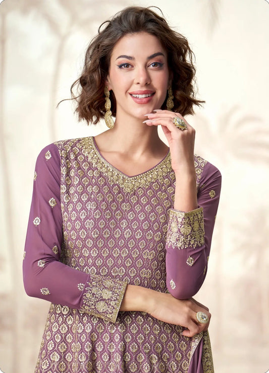 Dusty Purple Georgette Embroidery Work Palazzo Suit