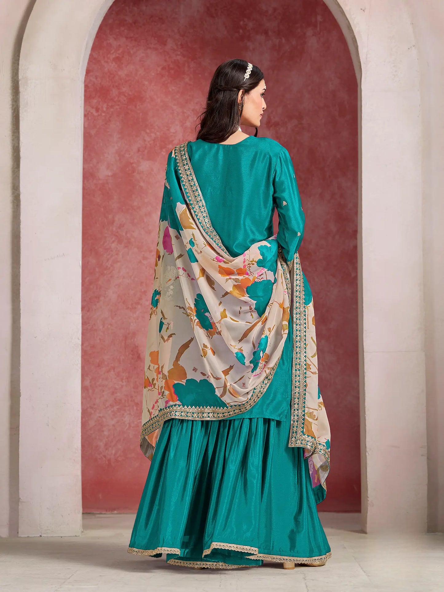 Teal Blue Chinon Embroidery Salwar suit With Organza Dupatta