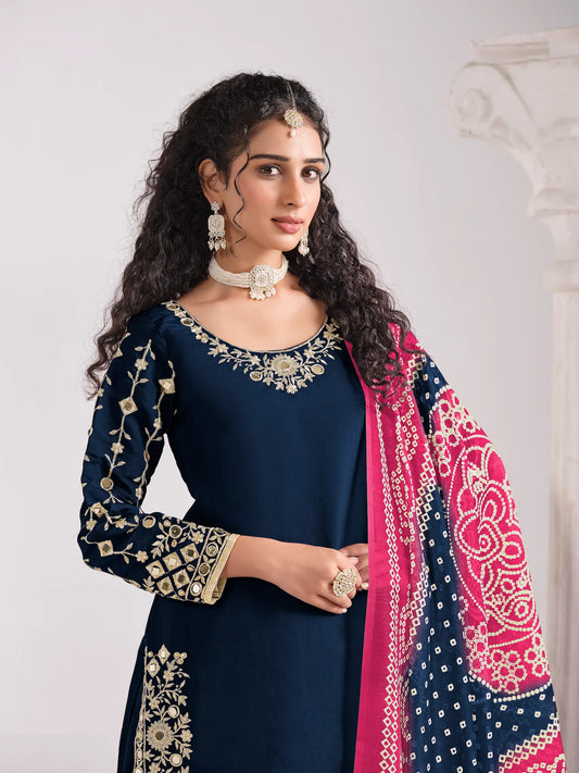 Navy Blue Silk Salwar Suit With Mirror Work & Embroidery