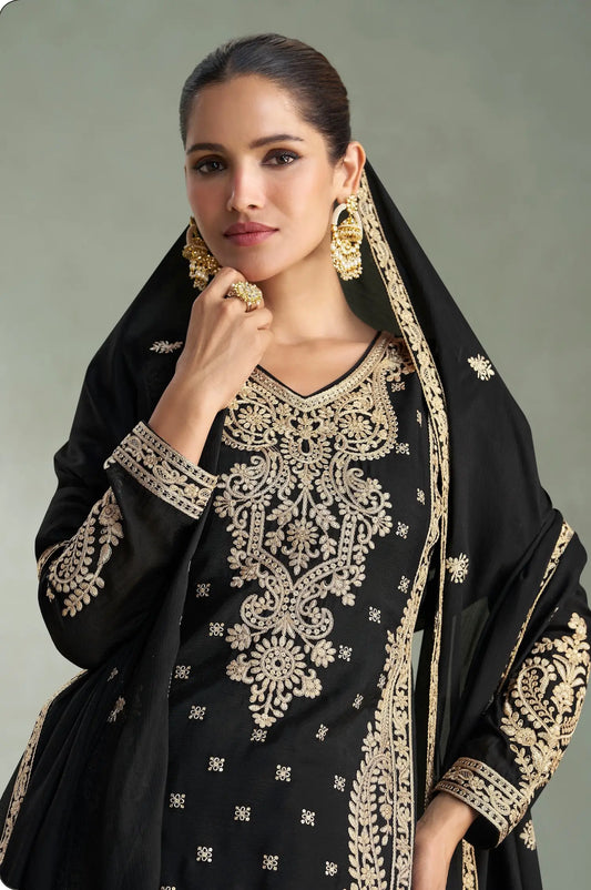 Black Chinon Silk Embroidery work Palazzo Suit