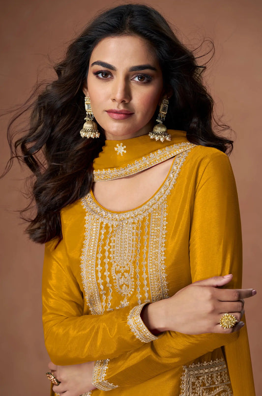 Golden Yellow Chinon Silk Embroidery Work Palazzo Suit