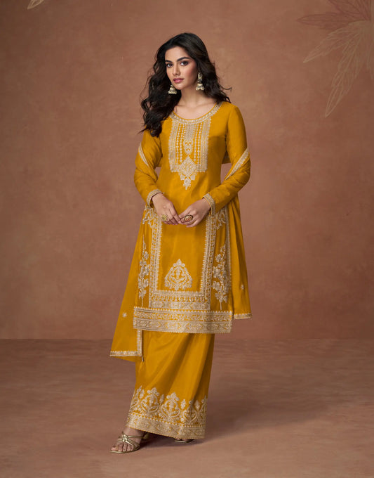 Golden Yellow Chinon Silk Embroidery Work Palazzo Suit