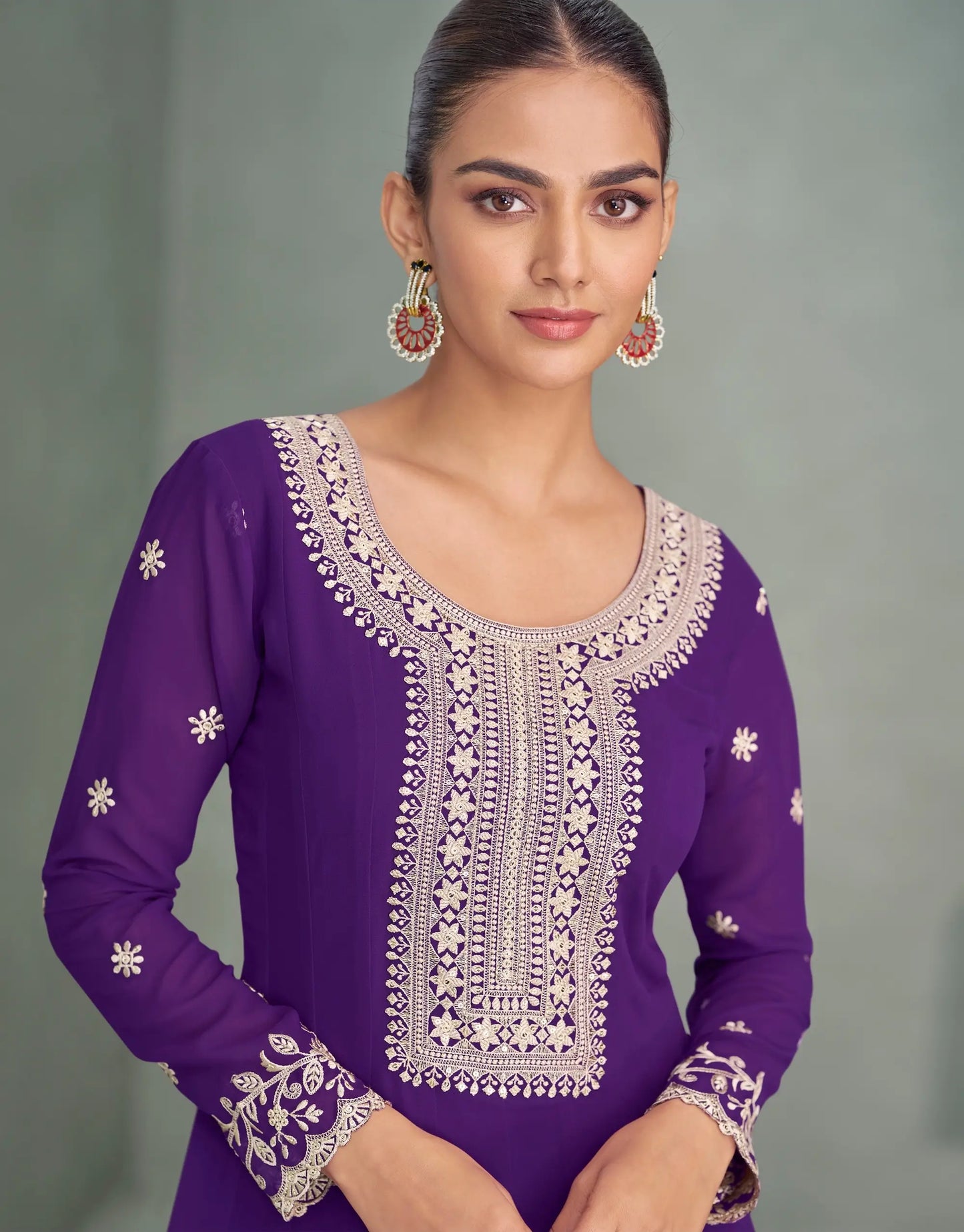 Purple Georgette Embroidery Work Gown