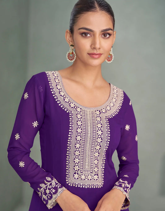 Purple Georgette Embroidery Work Gown