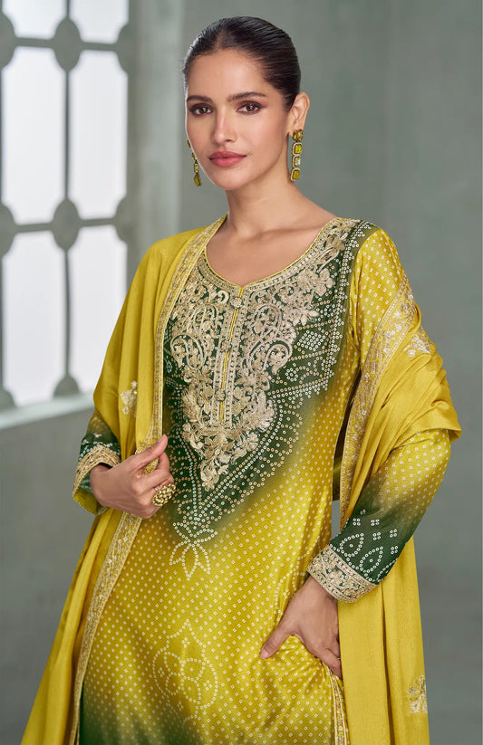 Lime Yellow Chinon Silk Embroidery Palazzo Suit