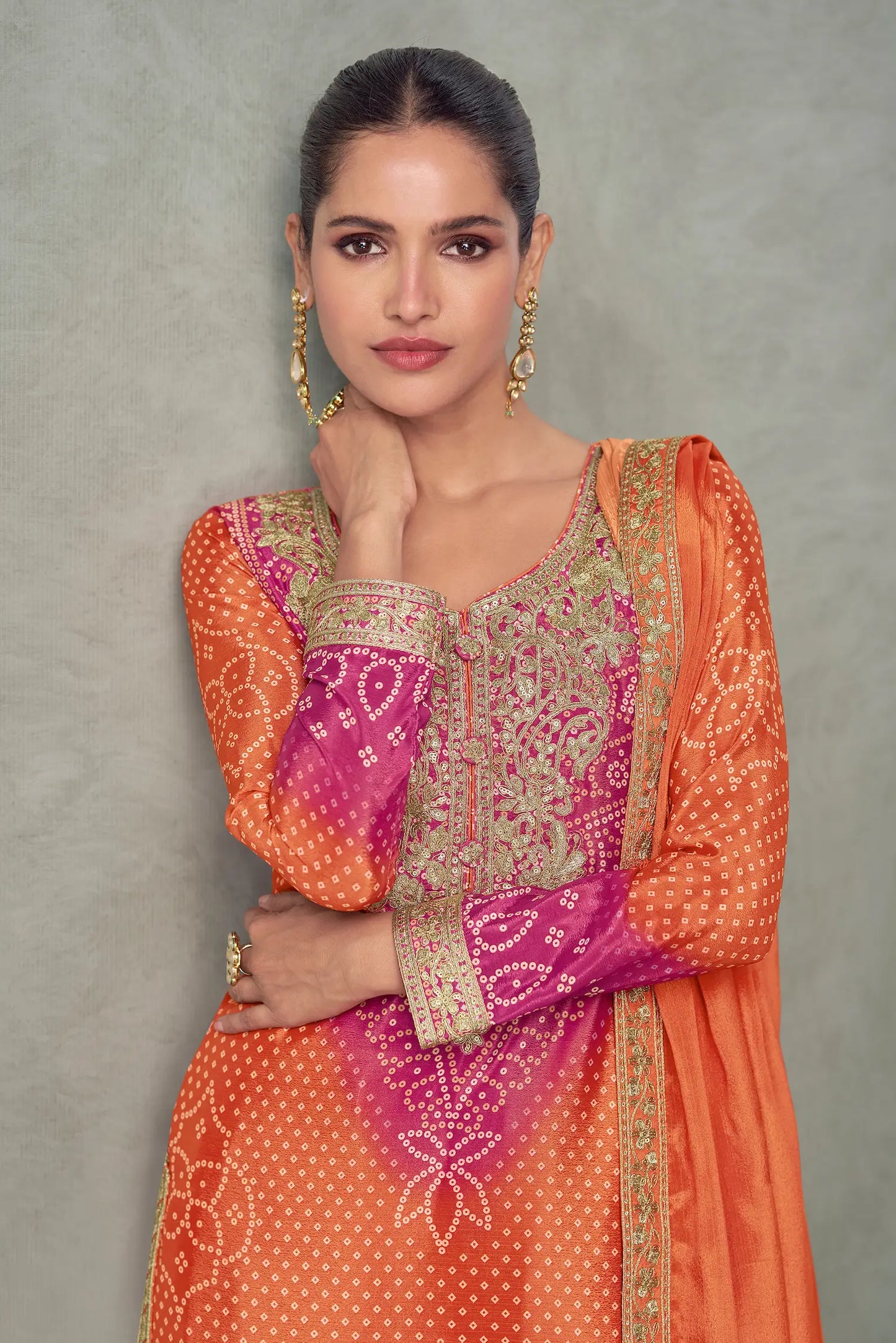 Sunrise Orange Chinon Silk Embroidery Palazzo Suit
