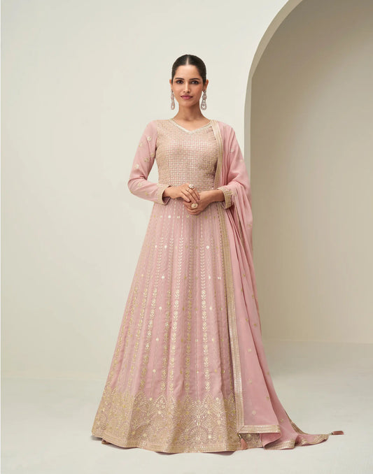 Light Pink Georgette Embroidery Work Gown
