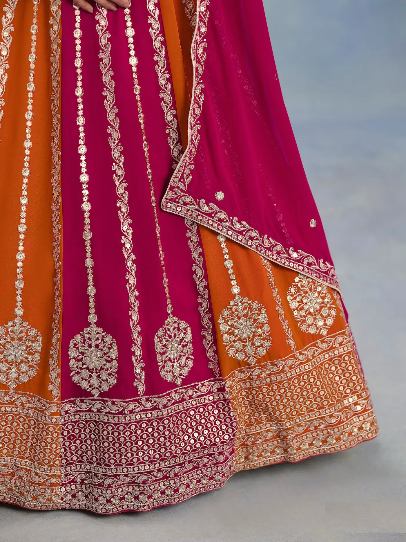 Dark Pink-Orange Georgette Thread & Sequins Embroidery Lehenga Choli