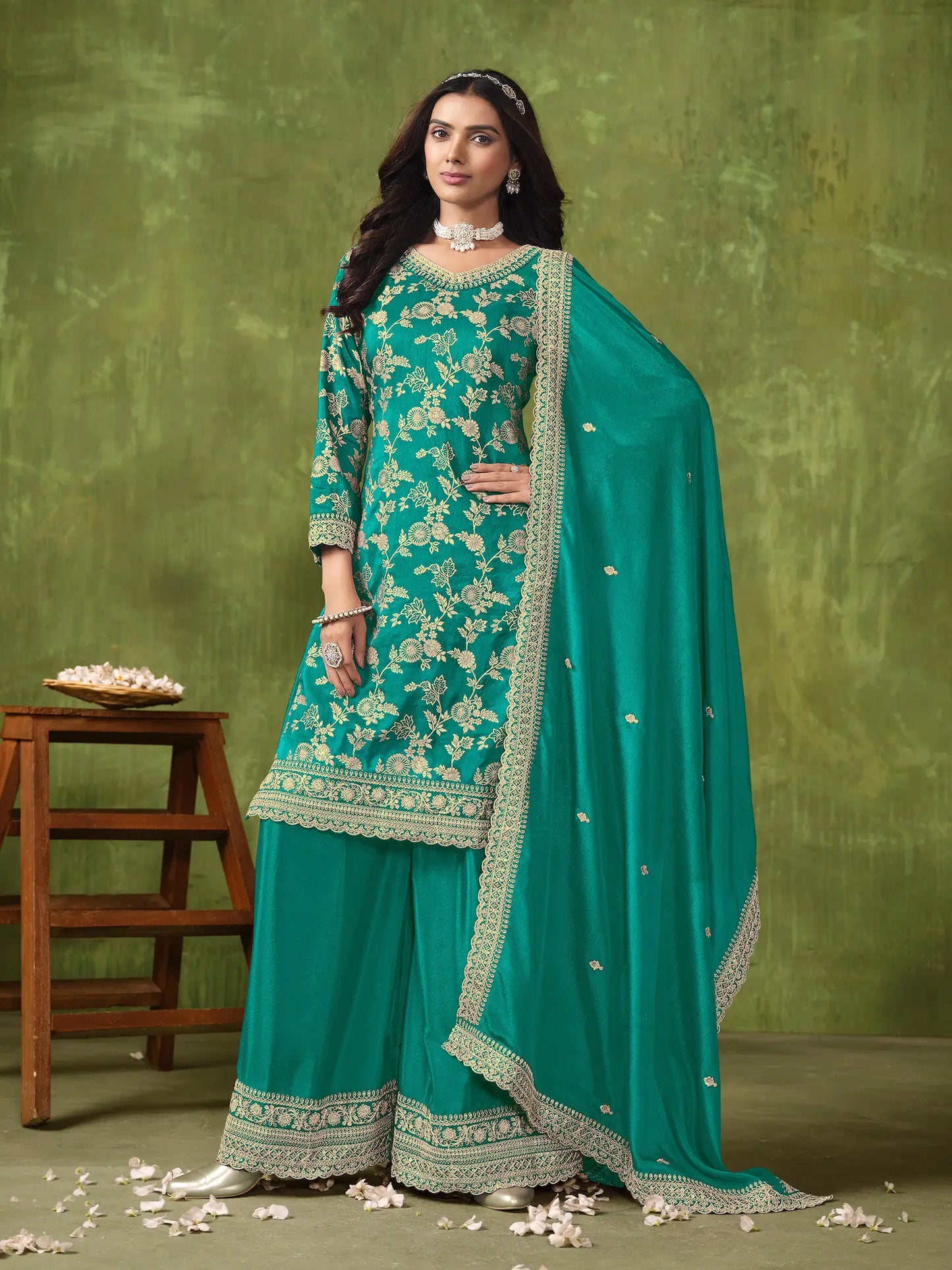 Teal Green Dola Silk Palazzo Suit with Zari Weaving, Thread & Sequins Embroidery Work