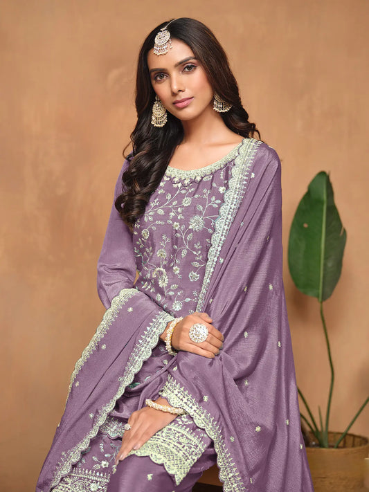 Lavender Chinon Thread & Sequins Embroidery Palazzo Suit