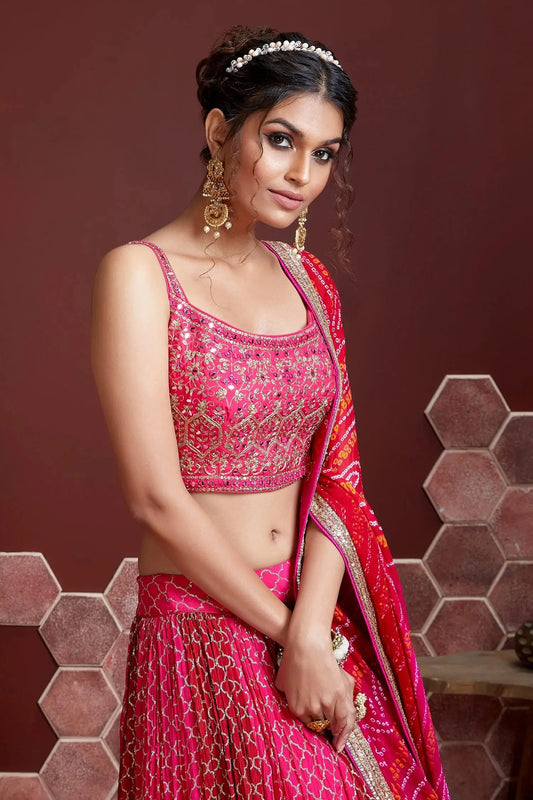 Tulip Pink Lehenga With Digital Print And Heavy Embroidery Sequins Work With Real Mirror Work