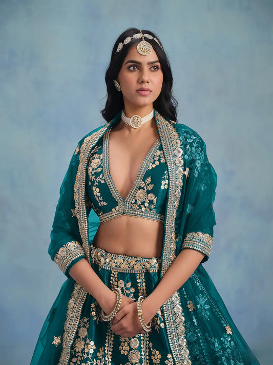 Teal Green Art Silk Thread & Sequence Embroidery Work Lehenga Choli