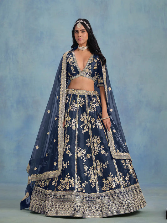 Navy Blue Art Silk Thread & Sequence Embroidery Work Lehenga Choli
