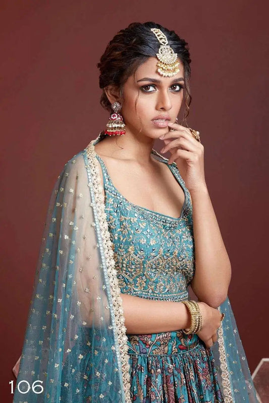 Sky Blue Silk Lehenga With Digital Print And Heavy Embroidery Work With Real Mirror Work