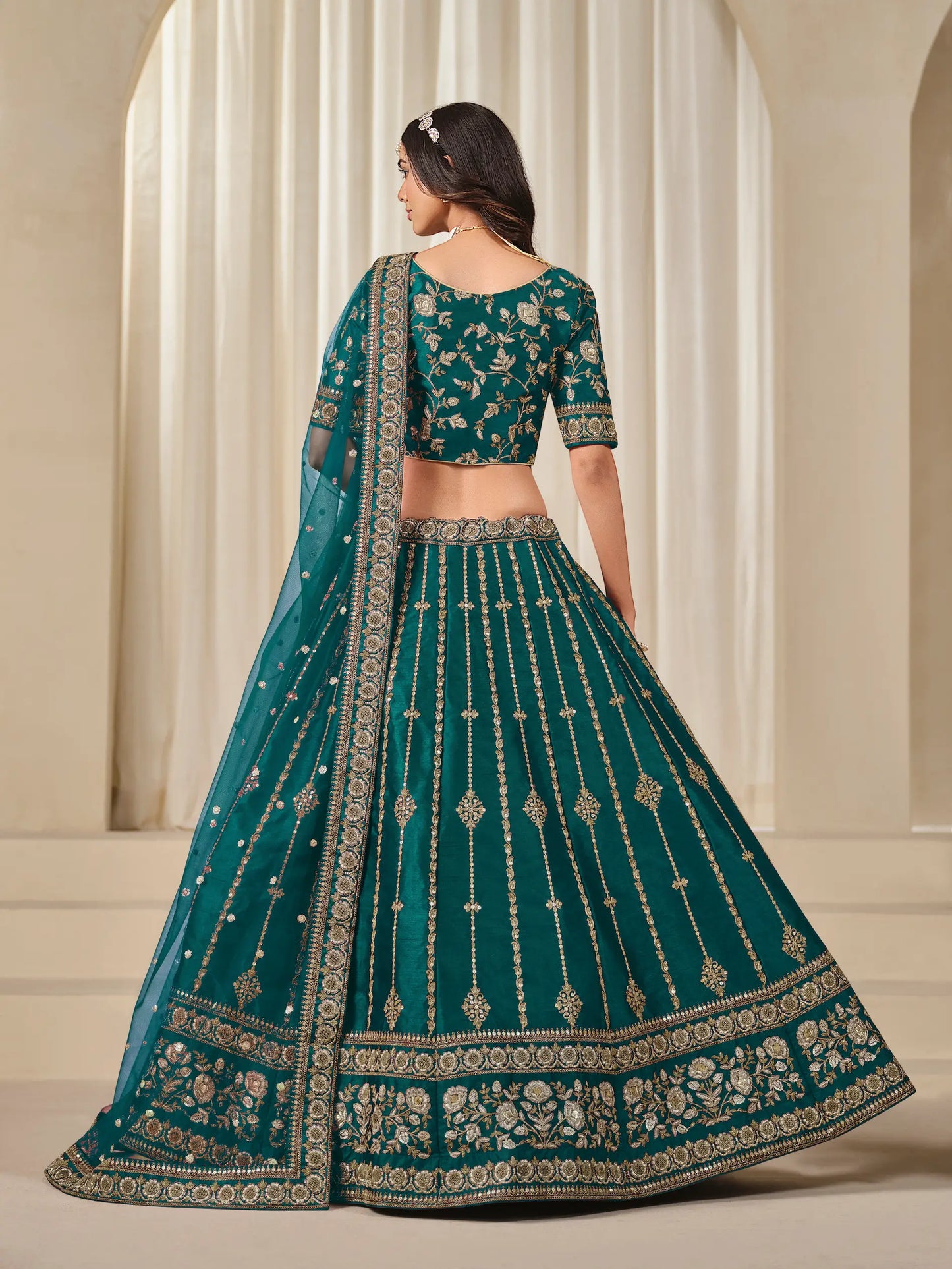 Teal Green Art Silk Thread & Sequins Embroidery Lehenga Choli