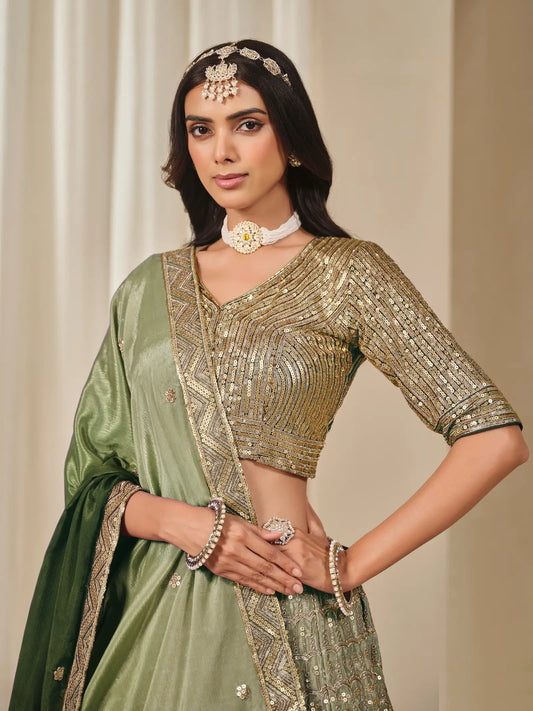 Shaded Green Chinon Silk Embroidery Work Lehenga Choli