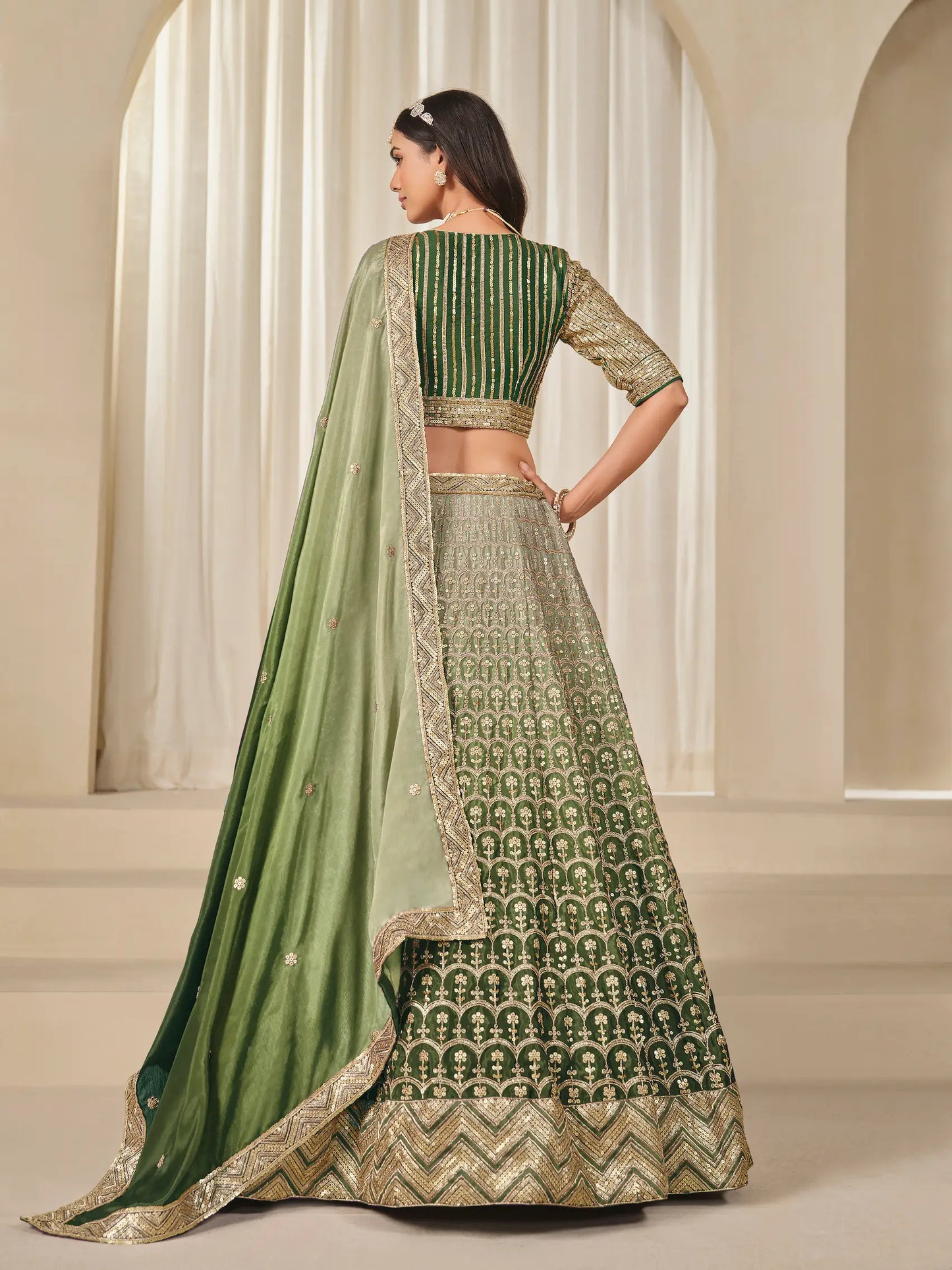 Shaded Green Chinon Silk Embroidery Work Lehenga Choli