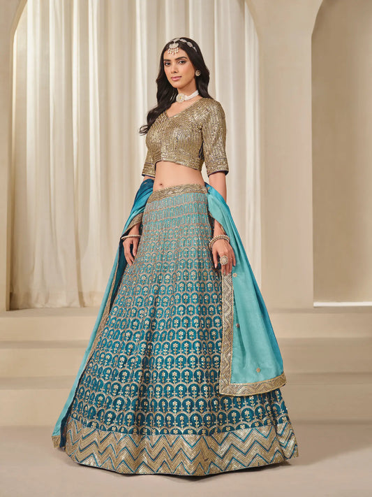 Shaded Blue Chinon Silk Embroidery Work Lehenga Choli