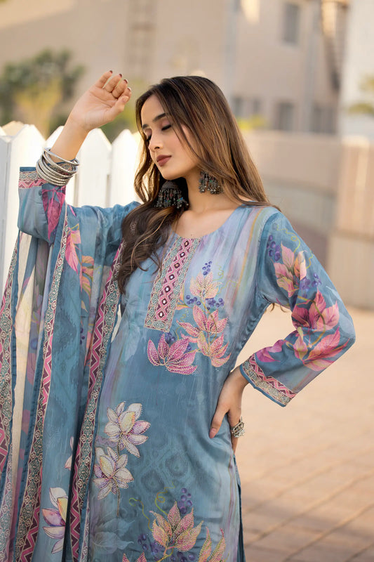 Sky Blue Chinon Handwork & Printed Salwar Suit