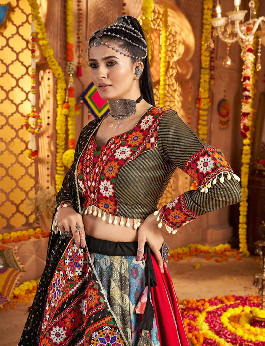 Designer Black Navratri Lehenga Choli With Embroidery And Mirror Work
