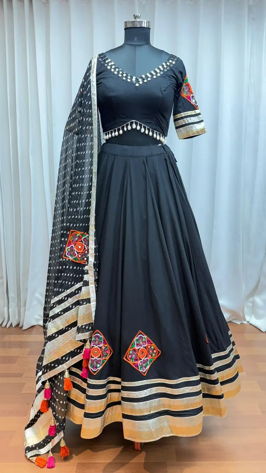 Best In Black Embroidery With Mirror Work Rayon Navratri Lehenga Choli