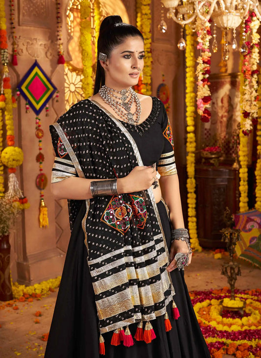 Best In Black Embroidery With Mirror Work Rayon Navratri Lehenga Choli