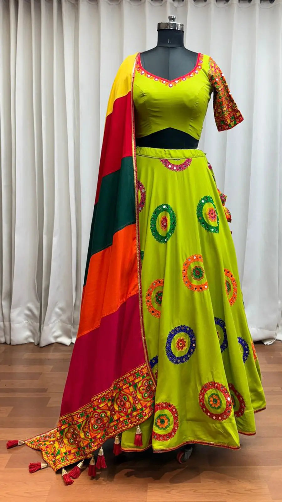 Fluorescent Green Navratri Lehenga With Embroidery & Mirror Work Colorful Dupatta