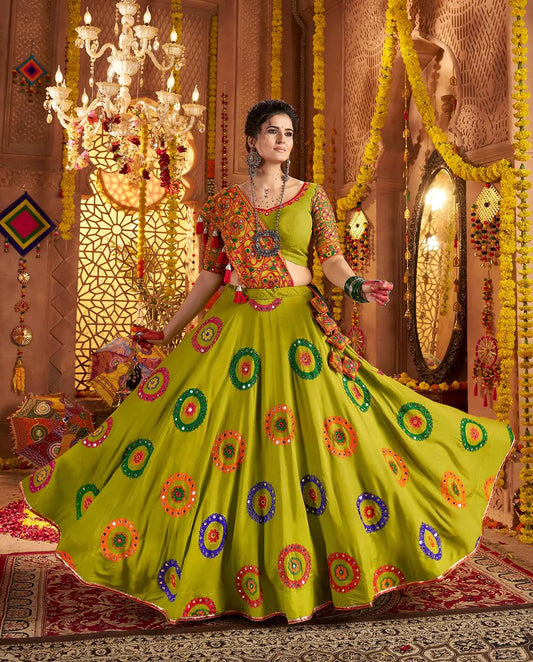 Fluorescent Green Navratri Lehenga With Embroidery & Mirror Work Colorful Dupatta
