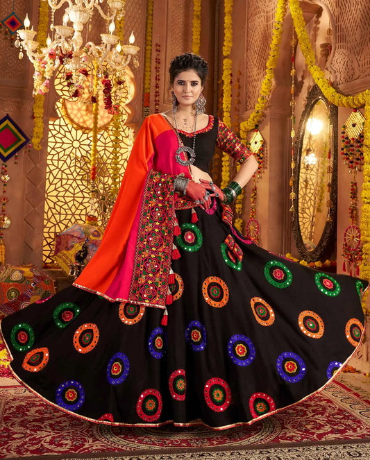 Black Navratri Lehenga With Embroidery & Mirror Work And Colorful Dupatta