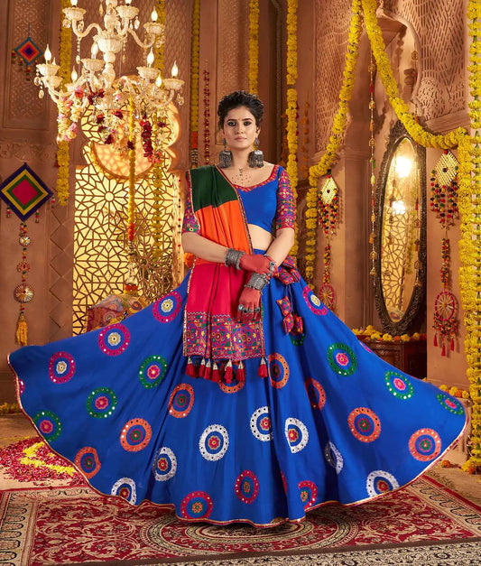 Royal Blue Navratri Lehenga With Embroidery & Mirror Work Colorful Dupatta