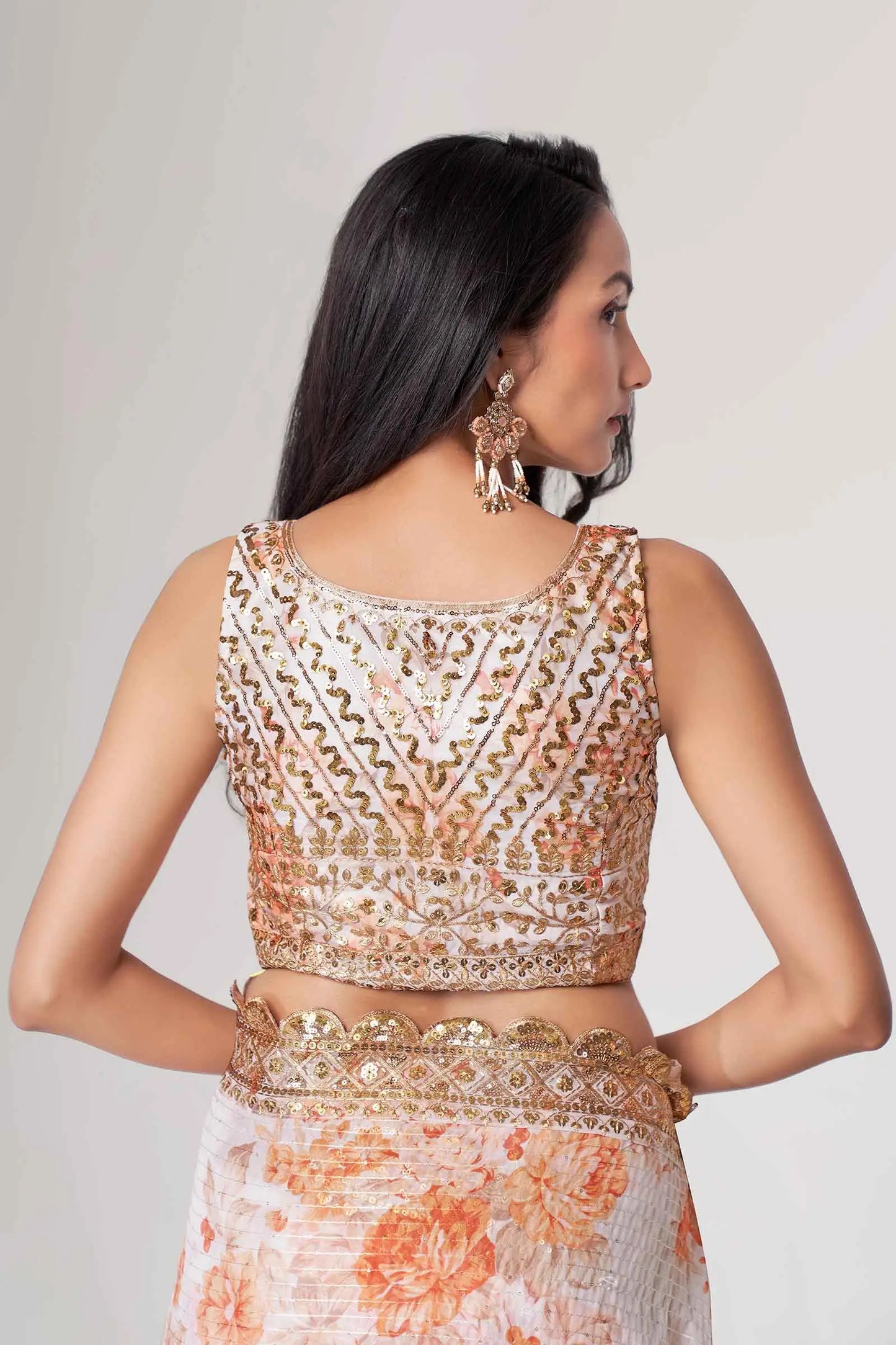 White Floral Print Organza Saree With Sequins Work