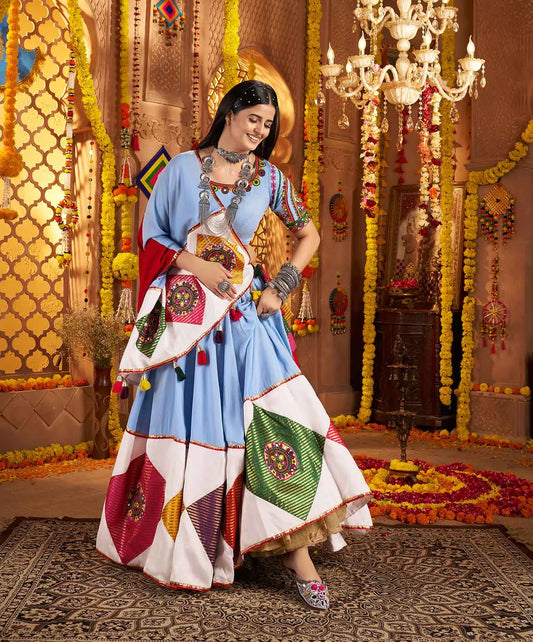 Sky Blue Navratri Lehenga With Embroidery & Jacquard Patch Work