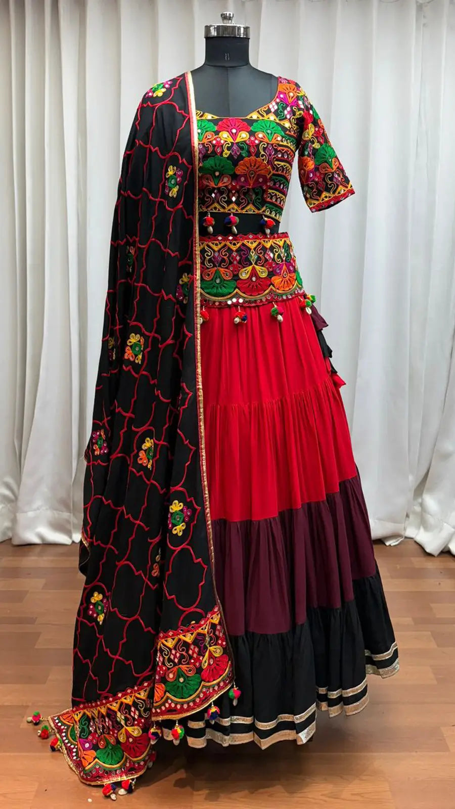 Black Embroidery With Mirror Work Colorful Navratri Lehenga With Waist Belt