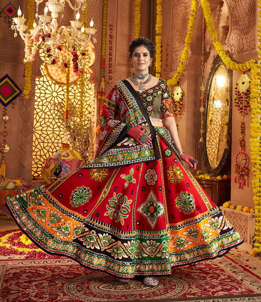Maroon Print With Aari And Foil Work Organic Cotton Navratri Lehenga Choli
