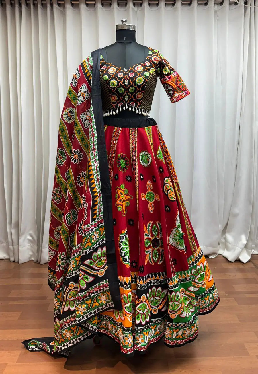 Maroon Print With Aari And Foil Work Organic Cotton Navratri Lehenga Choli