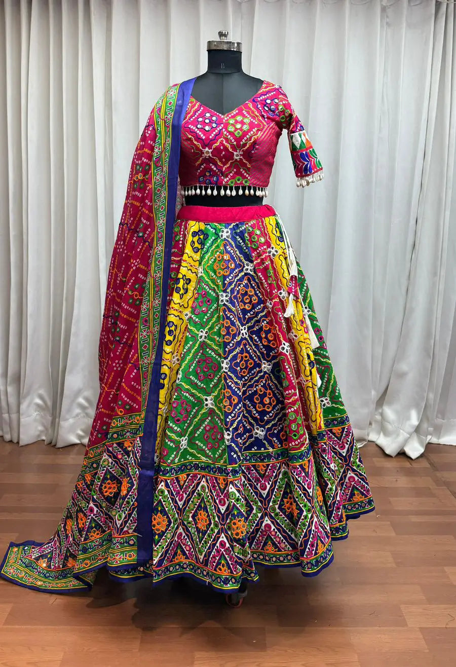 Multi Color Organic Cotton Navratri Lehenga Choli Print With Aari And Foil Work