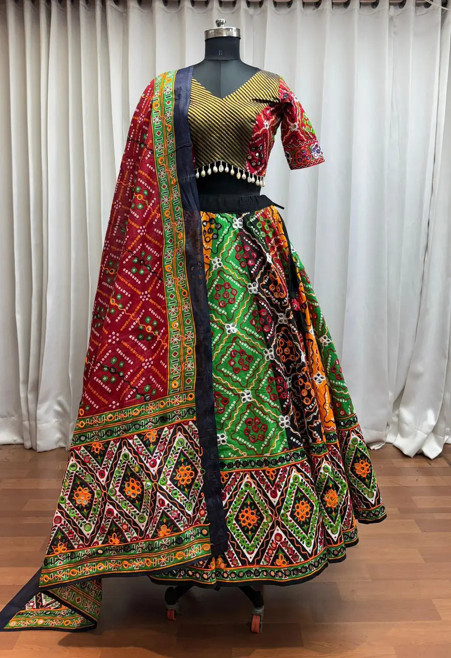 Multi Color Print With Aari And Foil Work Organic Cotton Navratri Lehenga Choli