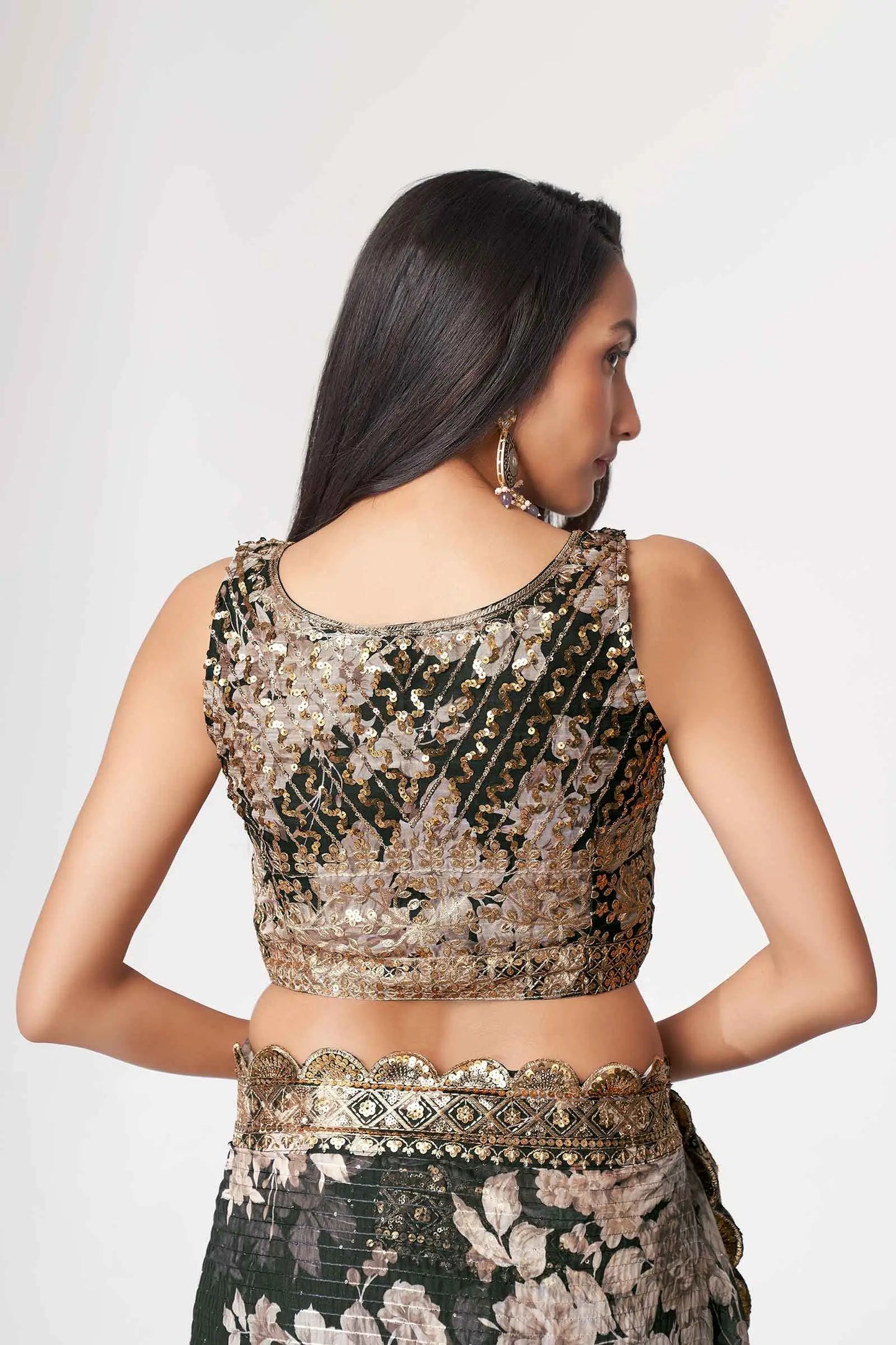 Black Floral Print Organza Saree With Sequins Work