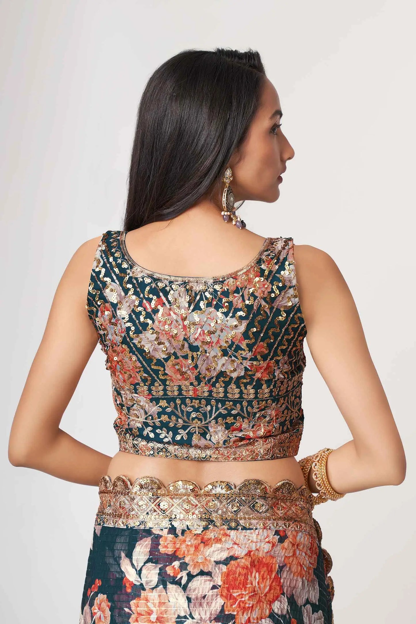 Dove Blue Floral Print Organza Saree With Sequins Work