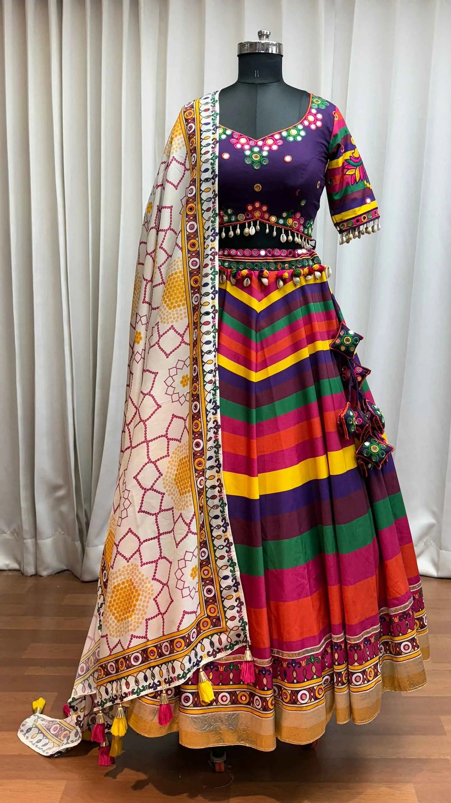Multi Color Print With Real Mirror Work Navratri Lehenga And Dupatta