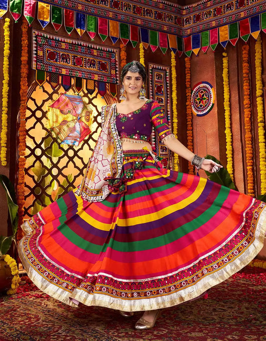 Multi Color Print With Real Mirror Work Navratri Lehenga And Dupatta