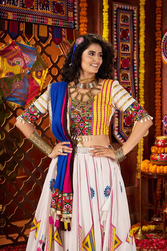 Wonderful White Lotus Print With Mirror Work Lehenga For Navratri
