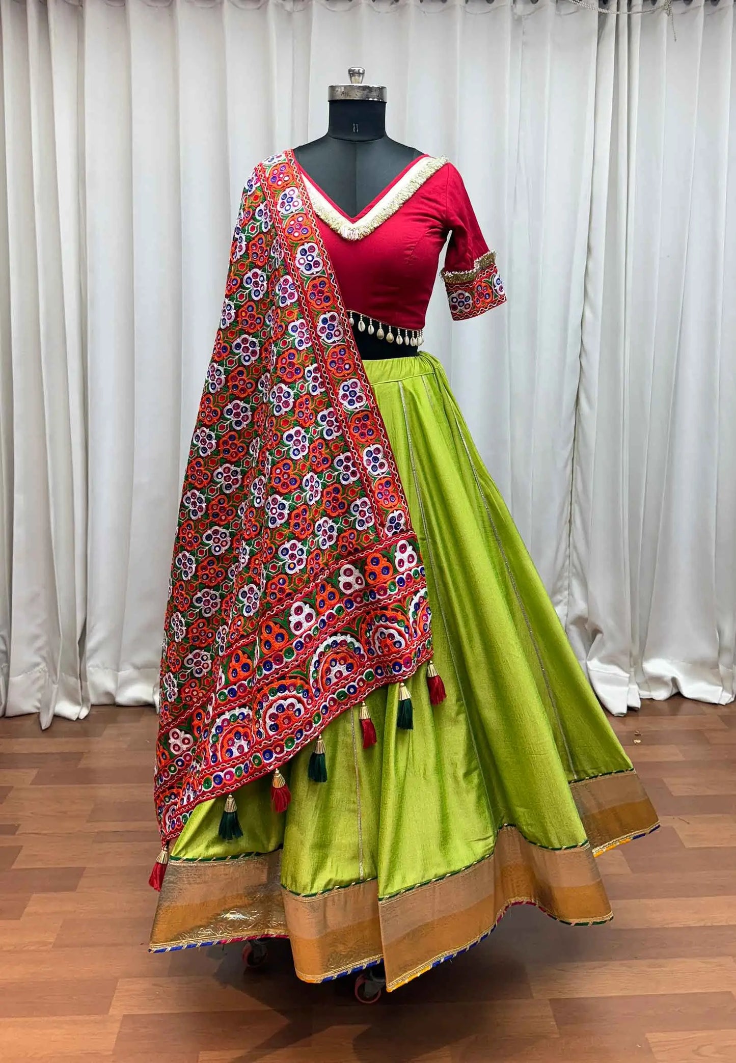 Trendy Green Navratri Lehenga With Heavy Embroidery Mirror Work Dupatta