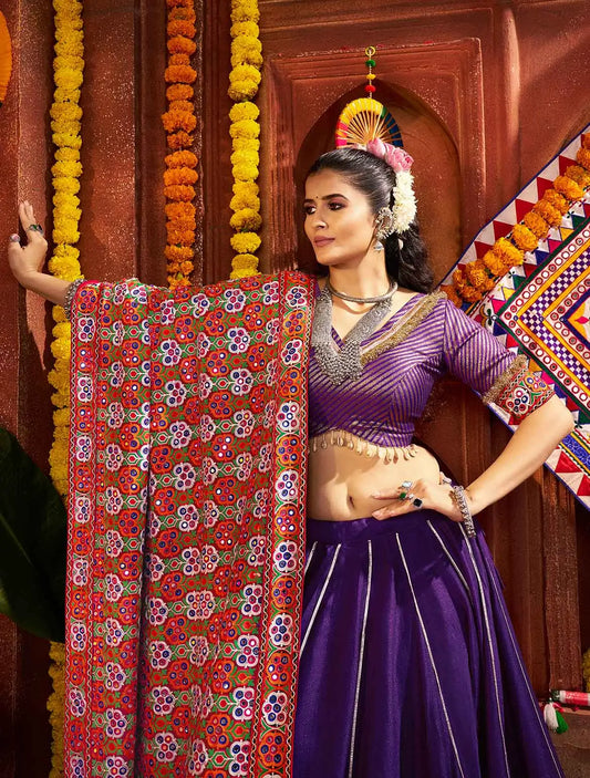 Dark Purple Navratri Lehenga With Heavy Embroidery Mirror Work Dupatta