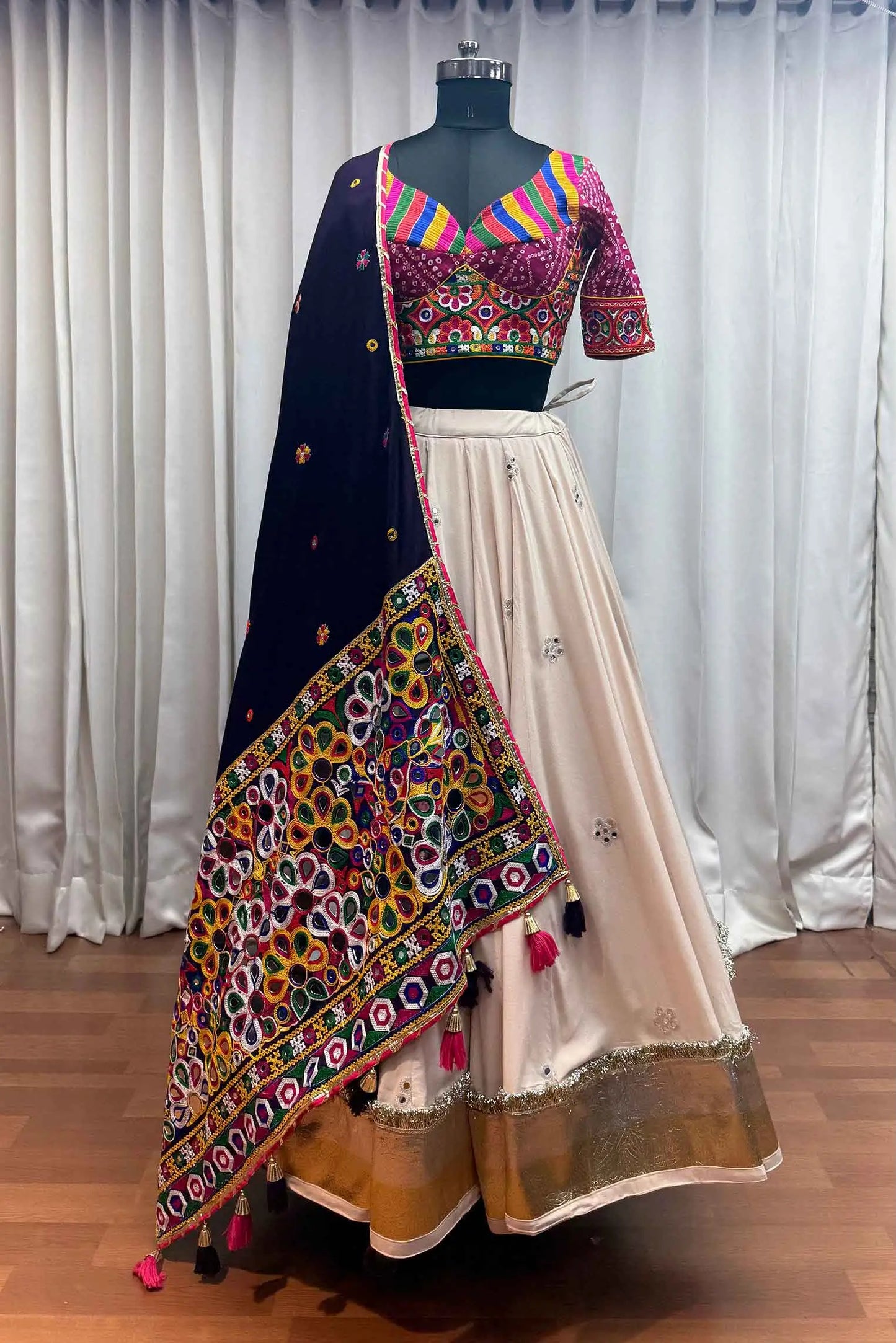 Beautiful Beige Thread And Mirror Work Designer Navratri Lehenga Choli