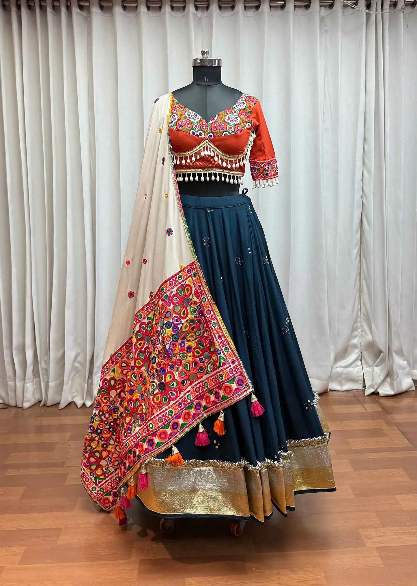 Designer Teal Blue Thread And Mirror Kodi Work Navratri Lehenga Choli