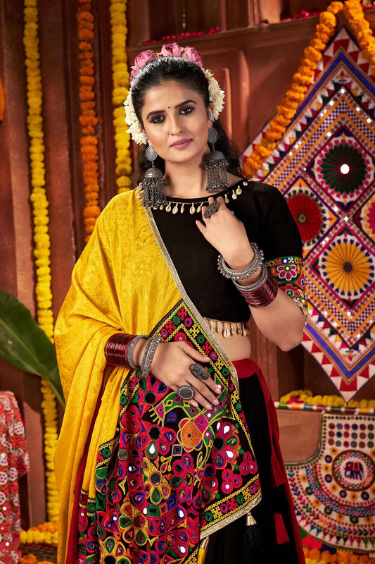 Navratri Multi Color Thread And Mirror Work Viscose Cotton Lehenga Choli