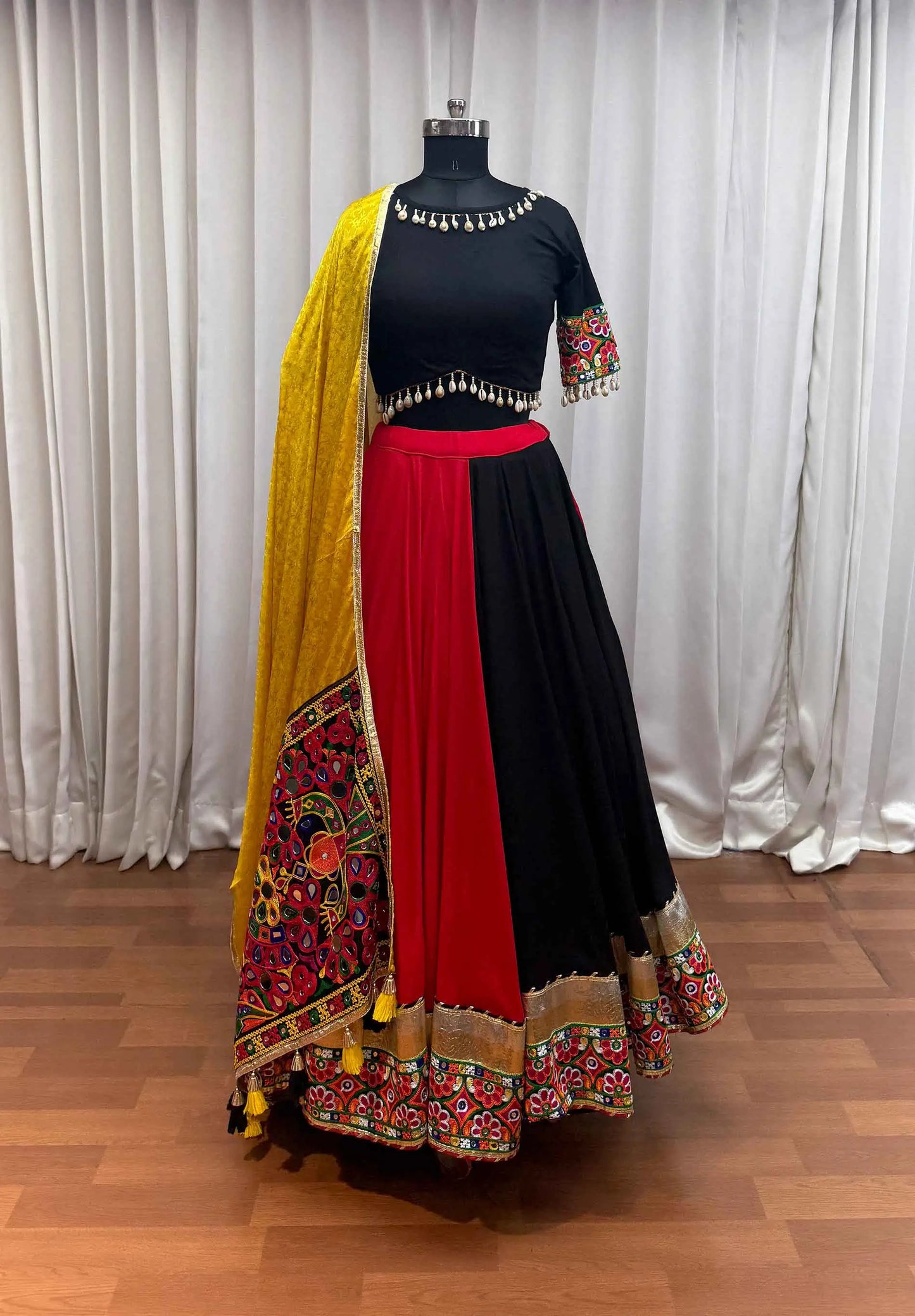 Navratri Multi Color Thread And Mirror Work Viscose Cotton Lehenga Choli