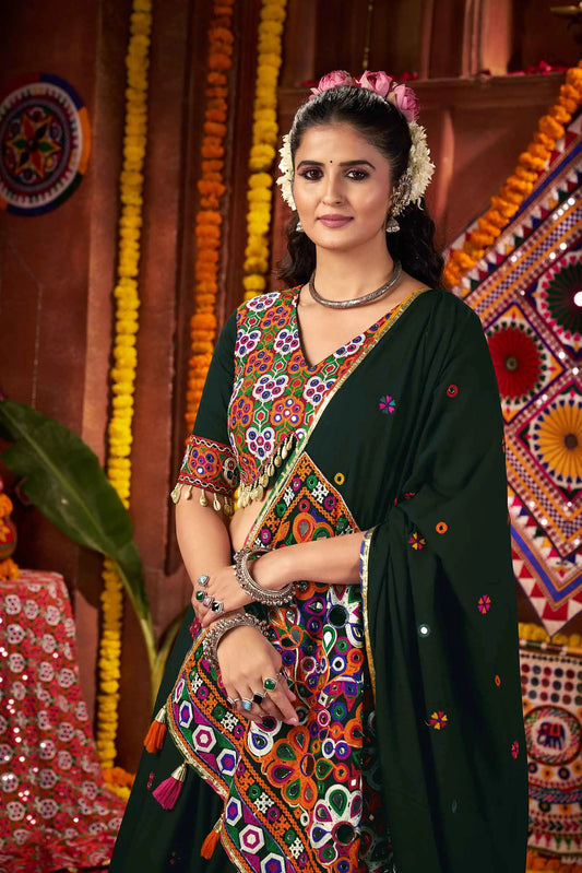 Designer Green Thread And Mirror Kodi Work Navratri Lehenga Choli